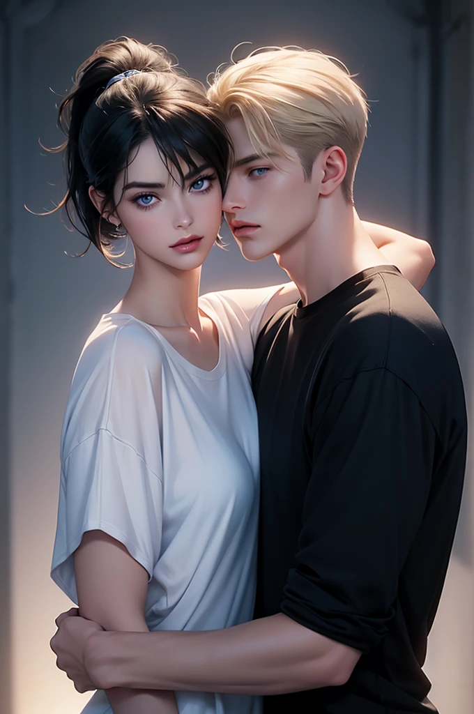 A tall handsome young man with black hair, with long black hair gathered in a tight ponytail, short bangs, blue eyes, he is wearing a white T-shirt and white jeans, he hugs an incredibly beautiful tall blonde femme fatale young blonde woman with a very short haircut standing next to him, she has dark blue eyes, She is wearing a simple black dress. Masterpiece, perfect image, realistic pictures, detailed face study, full-length image, 8k, detailed image. an extremely detailed illustration, a real masterpiece of the highest quality, with careful drawing.