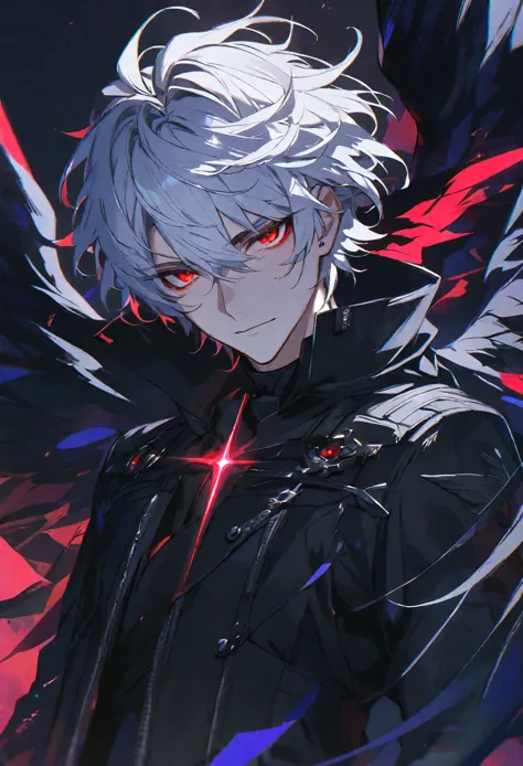 solo, handsome, 1 male, black coat, short hair, white hair, red eyes, black light, black wings