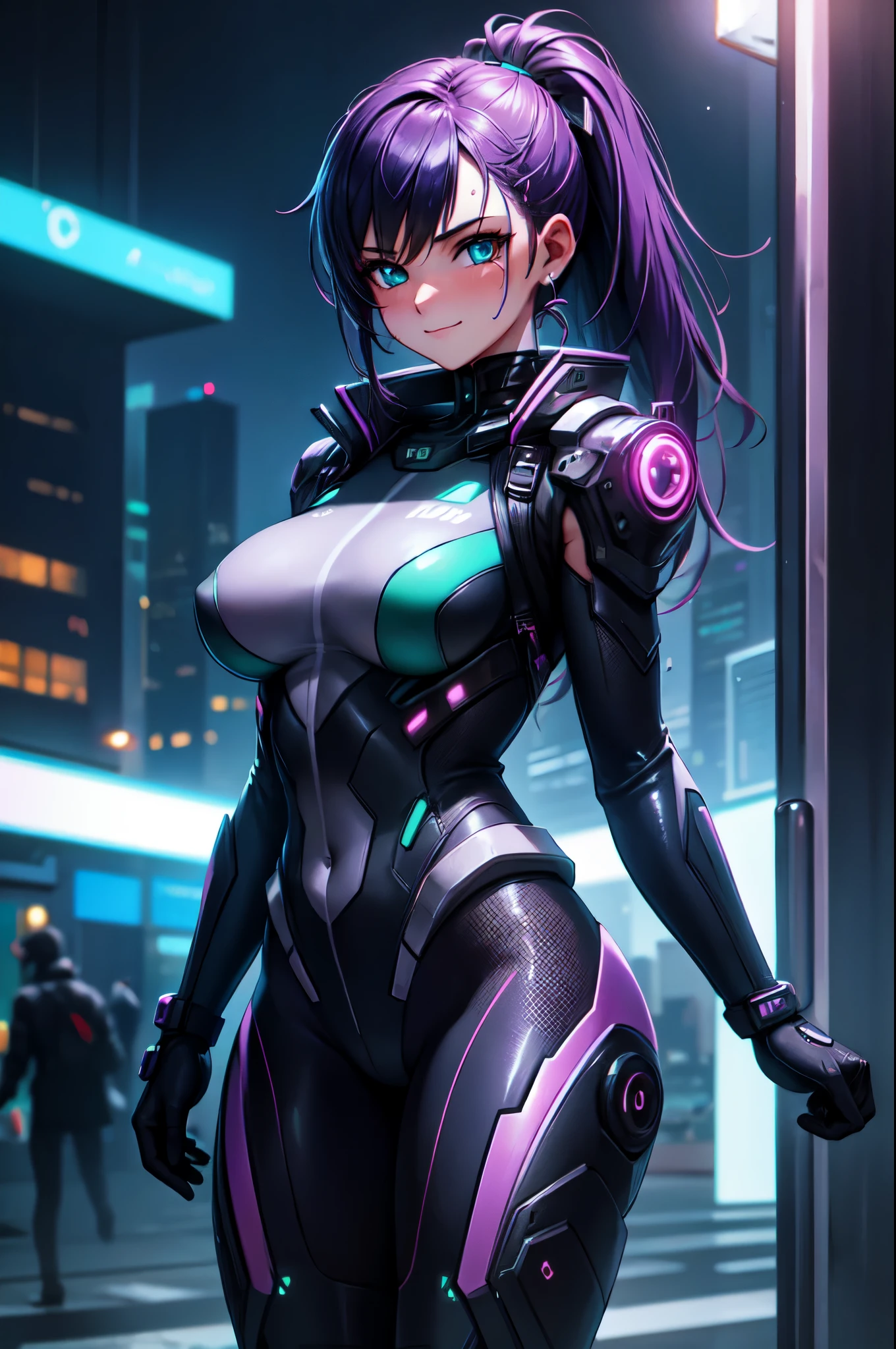 (High quality, High resolution, Fine details), cyberpunk style, urban setting, cyberpunk cityscape background, neon signs, glowing lights, cybernetic enhancements, metallic textures, cyber suit, city lights reflected on suit, gloves with neon lights, solo, curvy women, sparkling eyes, (Detailed eyes:1.2), smile, blush, Sweat, Oily skin, blue color tone, vivid colors, shallow depth of field, high contrast