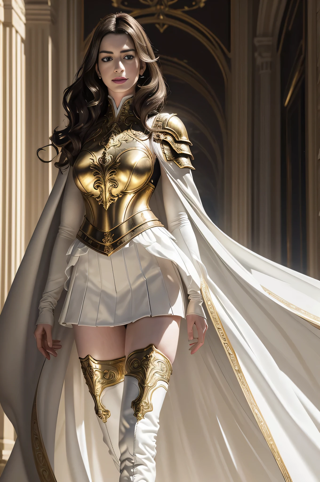 ((Anne Hathaway in ornate gold plate armor)), award winning concept art of tall (1girl) in ornate plate armor, royal, elegant, ((facing camera)), look at camera, eye contact, high long ponytail, dramatic long flowing white hair, model on runway, epic, god rays, centered, (masterpiece:1.2), (best quality:1.2), Amazing, highly detailed, beautiful, finely detail, warm soft color grading, Depth of field, extremely detailed 8k, fine art, stunning, iridescent, shiny, light reflections, crisp, curls, wind, outdoor palace, elegant frontal pose, hyper realism, vibrant, sunlit, edge detection, (white elegant miniskirt ), thigh high boots, knees, long flowing white cape, no panties