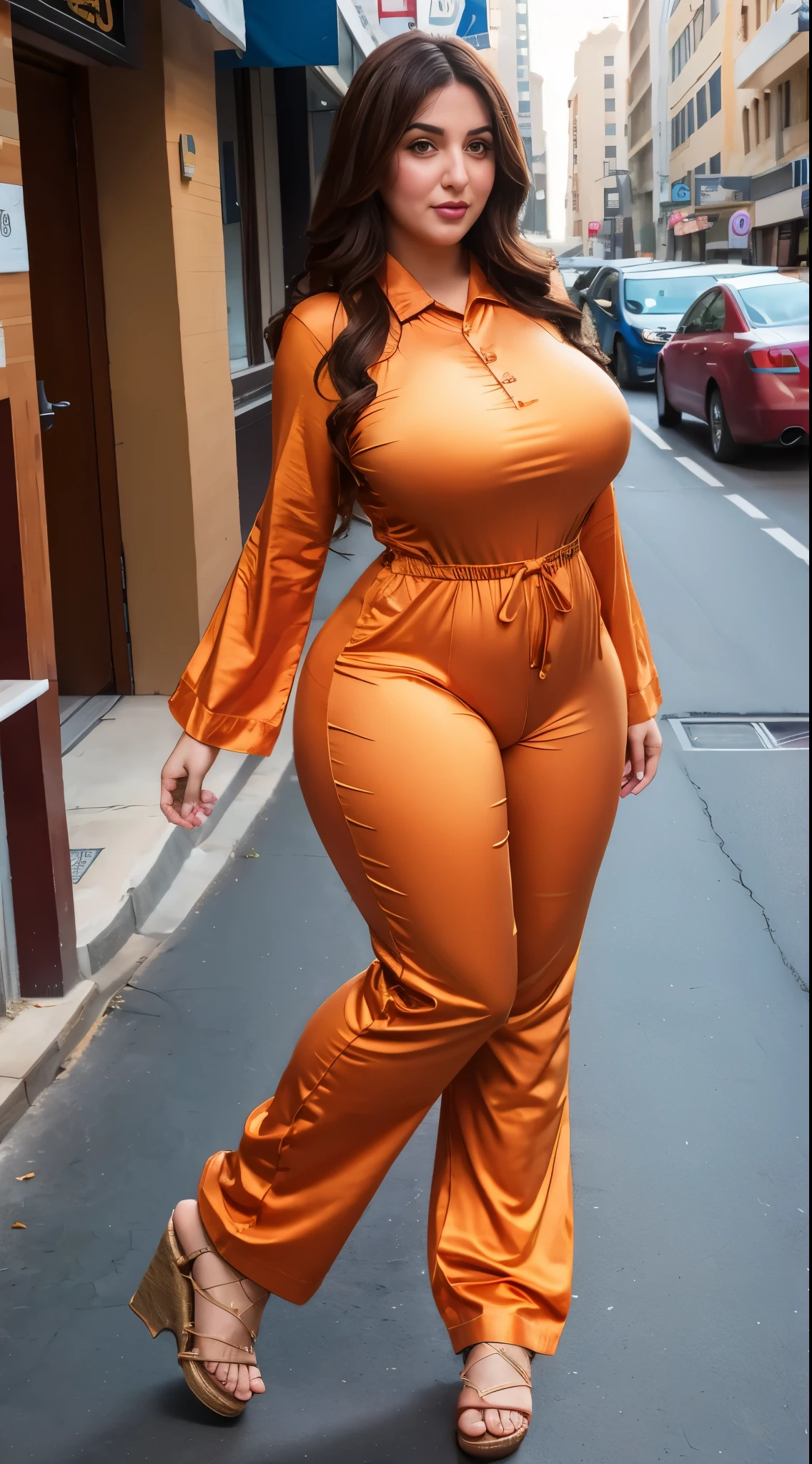 A woman in an orange jumpsuit walking down a street - SeaArt AI