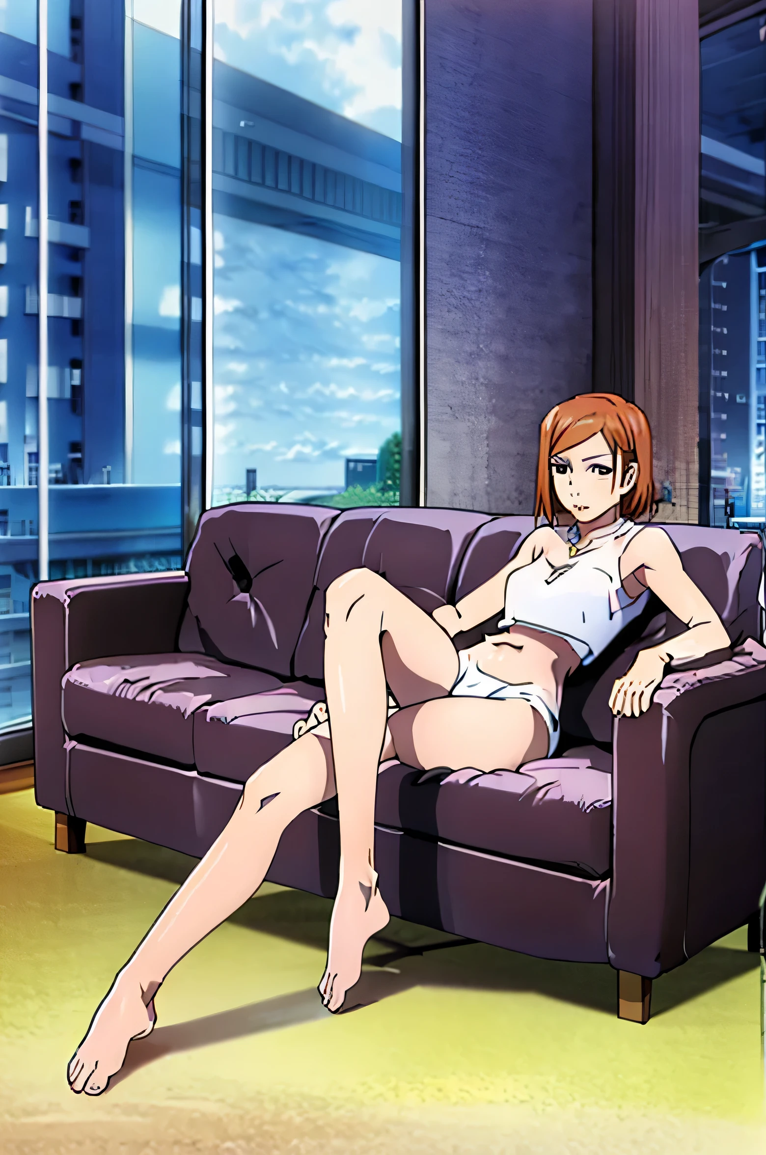 Anime girl laying on a couch in a room with a city view - SeaArt AI