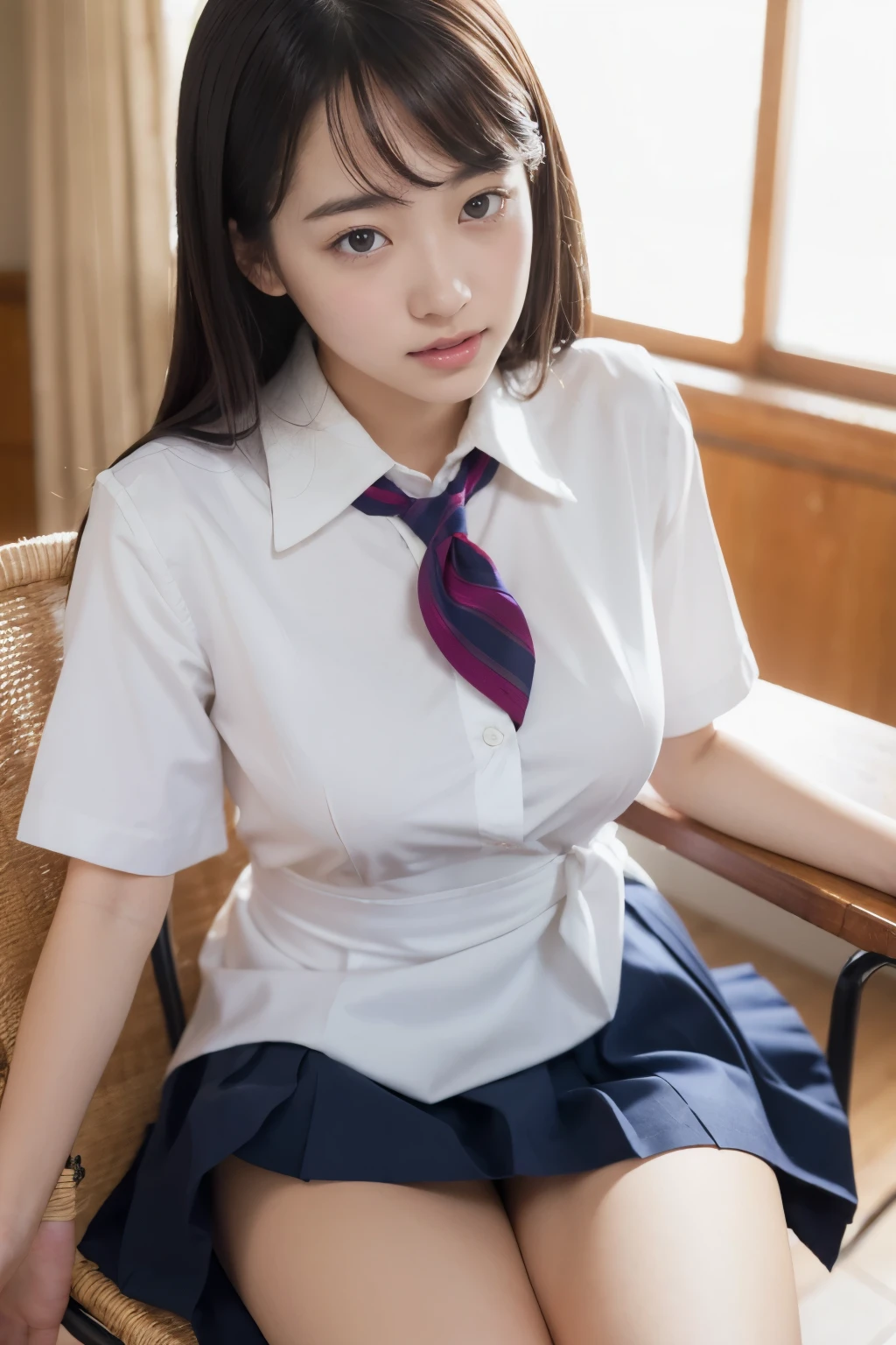 ((Big Breasts))、From above、8k, highest quality, (Skin dents), morning, (bright), blurred background, indoor, (street:0.6), (), Beautiful Bangs, nice,, (dress, High School Uniforms:1.3),Soft lighting,(((I&#39;m not wearing a skirt))), Charm, classroom,School, machine,Chair ,White light, (Mouth closed:1.2, Beautiful Eyes、ロケット型のBig Breasts, Fine grain, Detailed Iris, Beautiful Lips, Beautiful Nose, Beautiful Face)、Relaxed pose with relaxed shoulders、Small cotton thong panties、skirtlift,panties
highleg panties