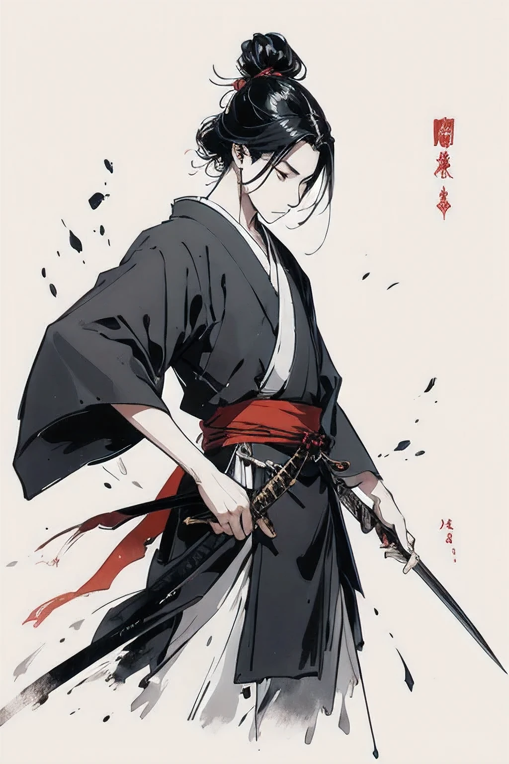 A solitary swordsman, ready a Japanese sword, bold brush sytle, 