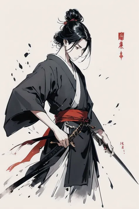 A solitary swordsman, ready a Japanese sword, bold brush sytle, 