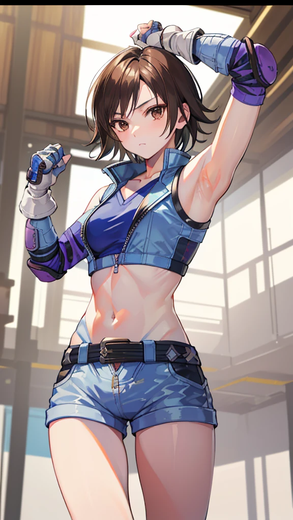 "(masterpiece、Premium Quality:1.2)、alone、1 girl(Asuka Kazama、Short brown hair、White skin、Brown eyes)、Cowboy Shot、A faint smile、Preparing for battle、Tight clothing、Great for sports、Crop top、Shorts、(gloves:1.1)、Elbow pads、belly button