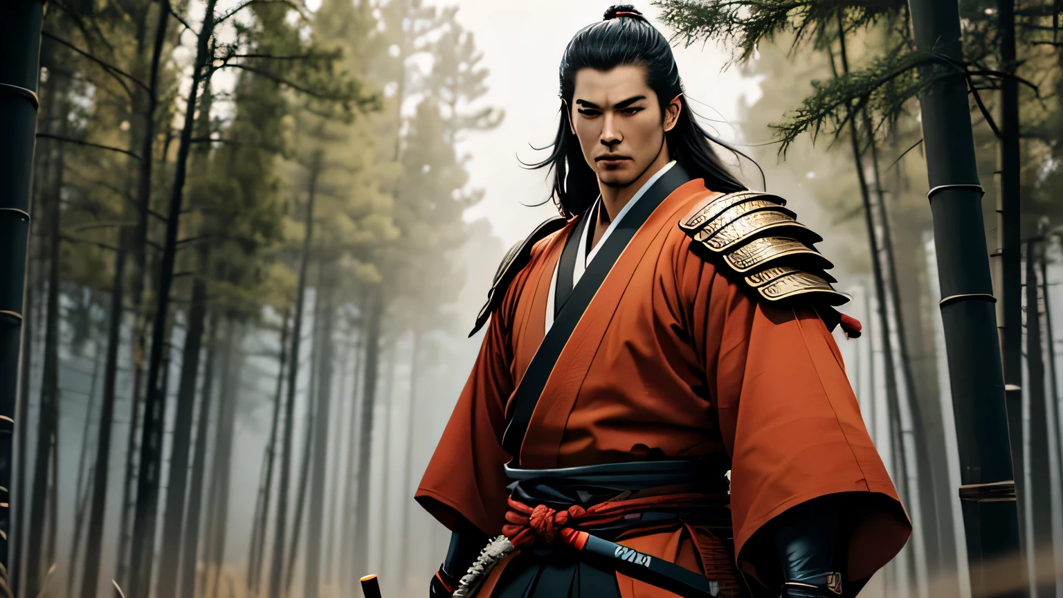 masterpiece, best quality, absurd, highres, 8k, 1boy, young, muscular, samurai, armor, wearing very long hair, getting into a stance, hakama, katana, nodahi, kodachi, japanese bamboo forests, soft lighting, ready to fight pose, unsheathes the katana