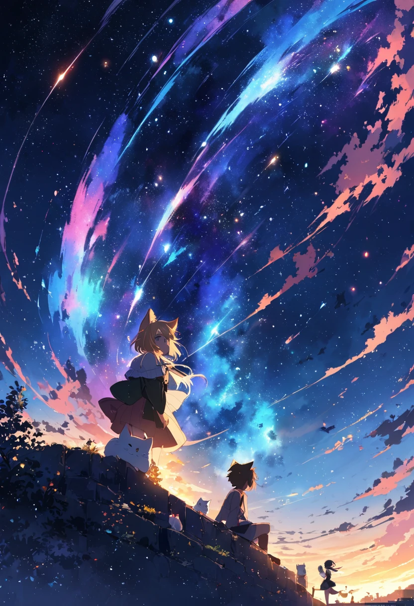 Anime drawings inspired by Makoto Shinkai, Sparrow&#39;s Door Lock, Topics on pixiv, Space Art, Makoto Shinkai Cyril Roland, Anime Japanese man and woman sitting and looking at the sky, Around the two of them, a white cat girl, a black cat girl, and a calico cat girl are running around in the sky.,