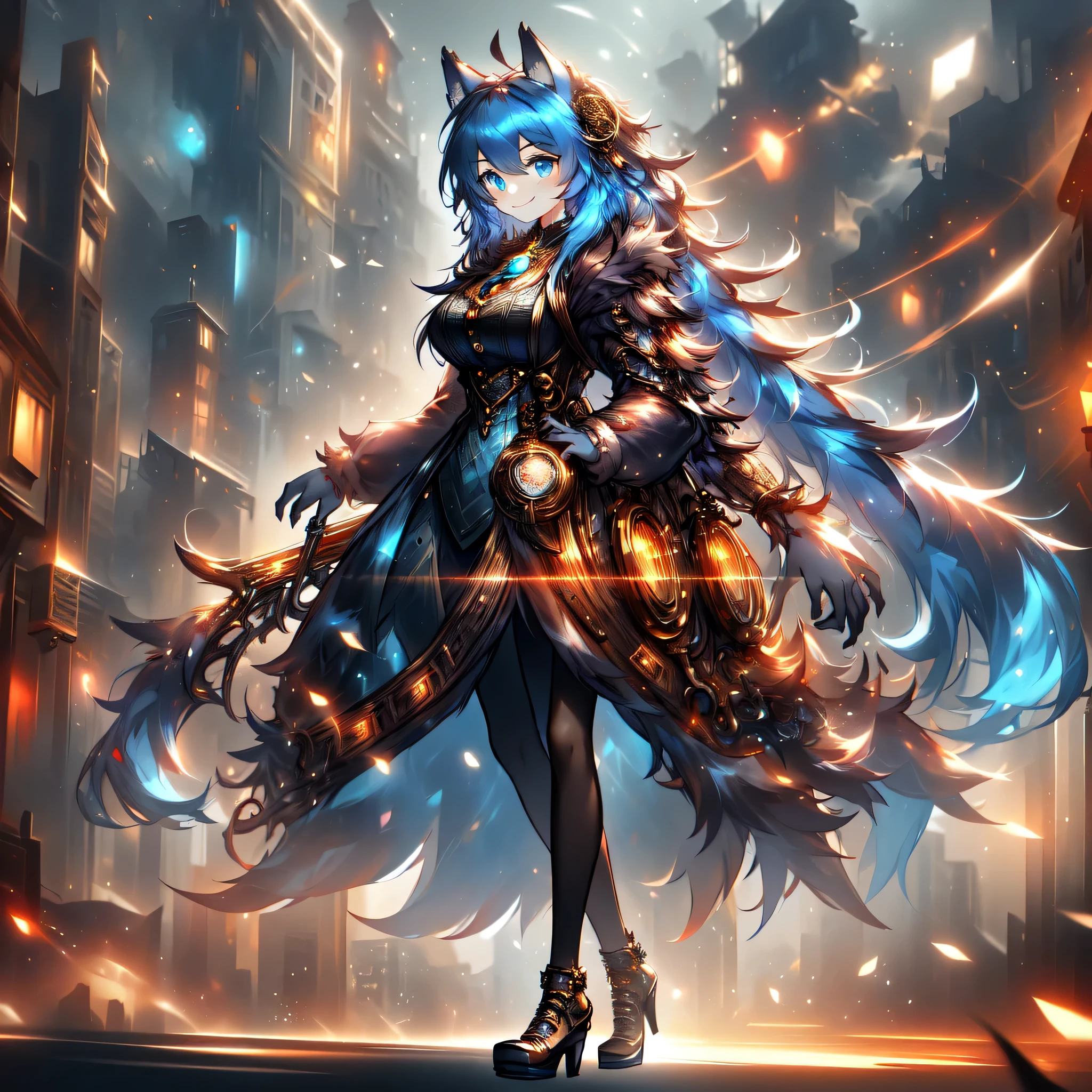 woman, hairy woman, wolf woman, full body portrait, full fur, magic fur, full tail, big tail, magic tail, magic hair, long hair, bushy hair, hair, hair with a brooch (gear shaped brooch ), almond-shaped eyes, blue eyes, shy smile, charming face, red cheek, long dress (dark blue color in steampunk style), worn tights, black tights, heeled shoe, steampunk shoe, background with steampunk city (a woman wolf this walk in the city), lots of people in the street