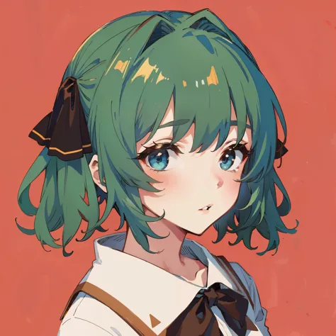 Young woman, Green hair, square, black eyes, white bow on head, brown clothes, Simple background
