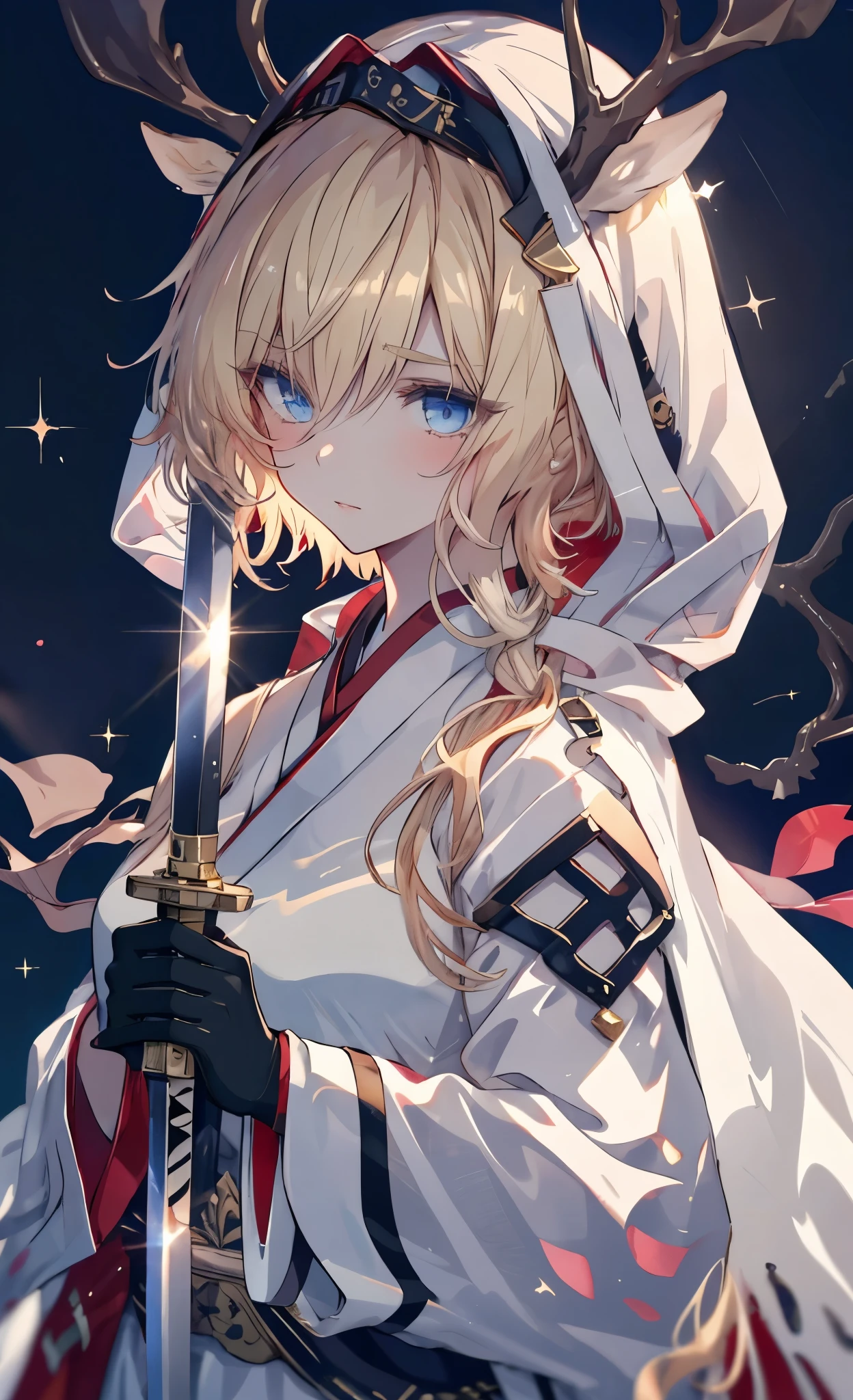 masterpiece, best quality, 1 girl, blond hair, blue eyes, Female swordsman walking, Hook of Holland, Movie, Volumetric Lighting, Sunlight, soft light, mystery, magic, Rim Light, fantasy, spark, Shimmer, Ponytail hairstyle, Hanfu, Carrying a sword, China, White and clothes, bird, crane, Long hair, Thick eyebrows