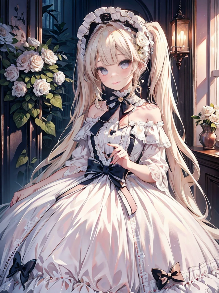 masterpiece, highest quality, High resolution, SA1, Floral Off-Shoulder Dress, sparkling eyes, false eyelashes, Platinum Blonde Twin Tails, Cute atmosphere, Rose,