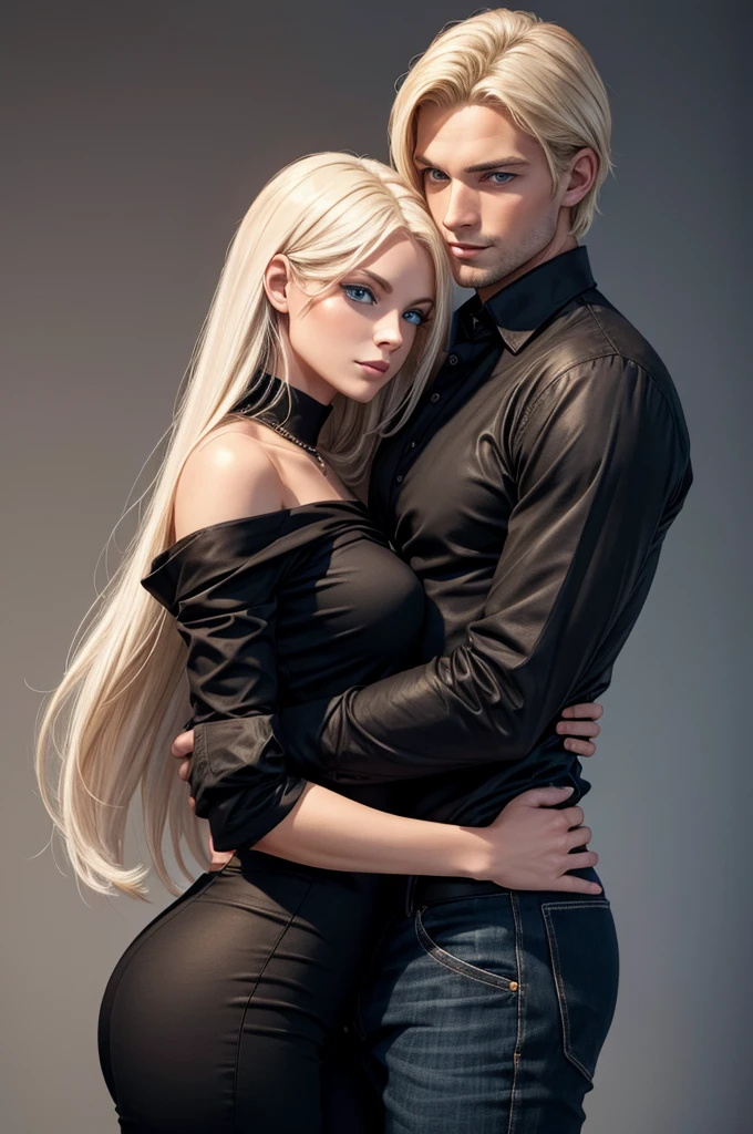 A tall, handsome, statuesque, masculine young man is a platinum blonde with long straight white hair, clear blue eyes, he is dressed in a black shirt, the sleeves of which are rolled up to the elbow, and classic black trousers, he hugs an incredibly beautiful femme fatale young woman with long golden hair, she has blue eyes, she is dressed in a simple yellow dress. Masterpiece, perfect image, realistic pictures, detailed face study, full-length image, 8k, detailed image. an extremely detailed illustration, a real masterpiece of the highest quality, with careful drawing.