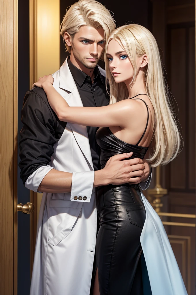 A tall, handsome, statuesque, masculine young man is a platinum blonde with long straight white hair, clear blue eyes, he is dressed in a black shirt, the sleeves of which are rolled up to the elbow, and classic black trousers, he hugs an incredibly beautiful femme fatale young woman with long golden hair, she has blue eyes, she is dressed in a simple yellow dress. Masterpiece, perfect image, realistic pictures, detailed face study, full-length image, 8k, detailed image. an extremely detailed illustration, a real masterpiece of the highest quality, with careful drawing.