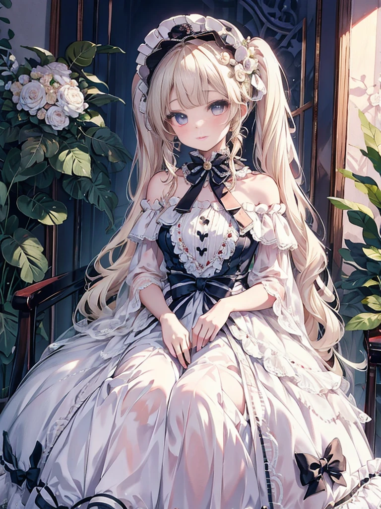 masterpiece, highest quality, High resolution, SA1, Floral Off-Shoulder Dress, sparkling eyes, false eyelashes, Platinum Blonde Twin Tails, Cute atmosphere, Rose,