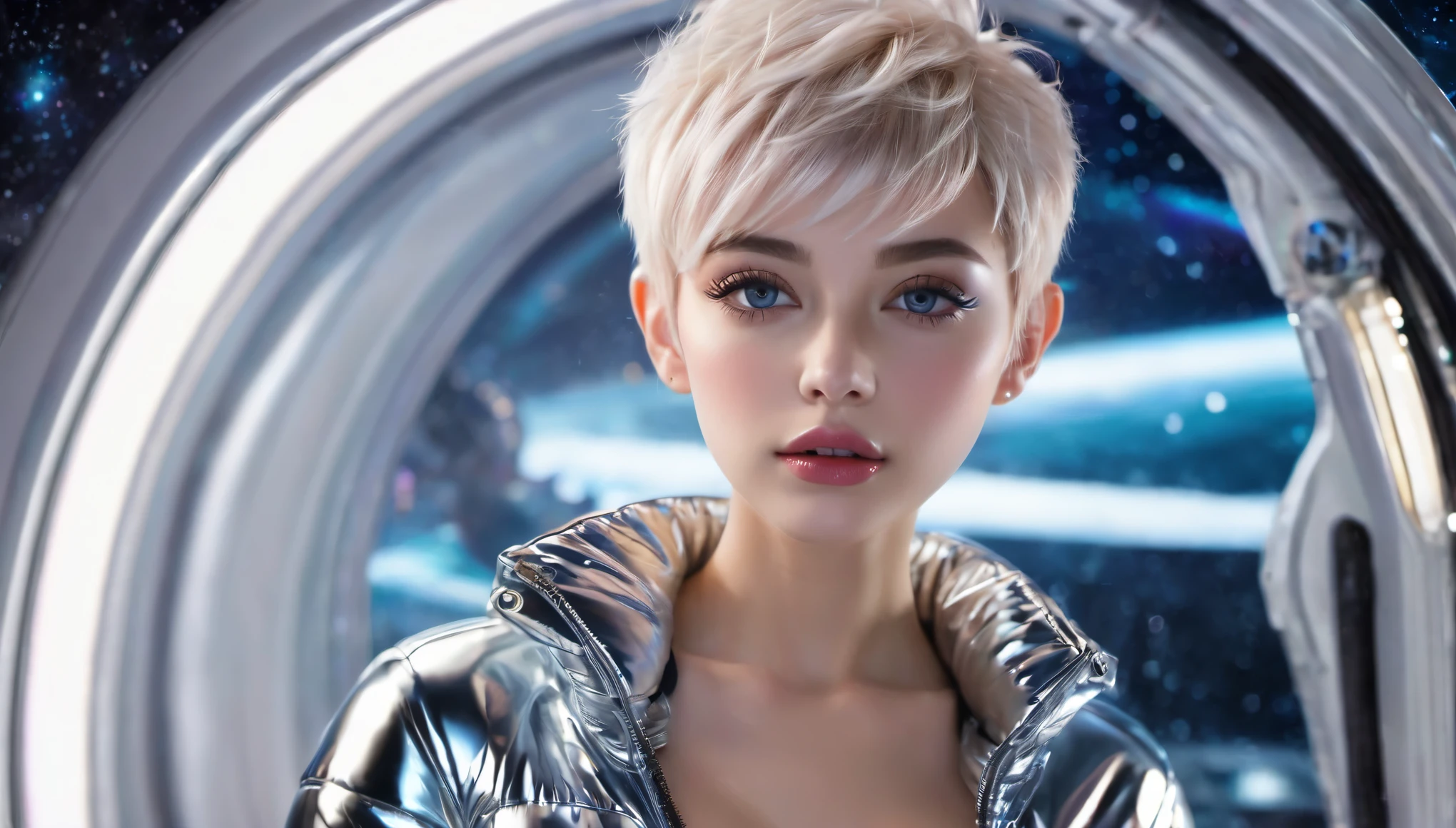 Masterpiece, Best Quality, ((two different girls in open shiny puffer, no makeup, small perky breasts, extremely detailed face, beautiful detailed eyes, beautiful detailed lips, short colored pixie hair, small hips, innocent expression, enticing, in a spaceship))