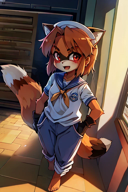 2 females, fox and raccoon, Furry, Beastman, animal hair, tail, Sailor suit, Short sleeve, Jersey pants, Long trousers, gloves, barefoot, School, Primary school students