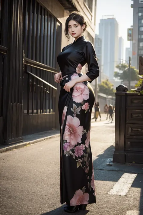 a beautiful girl in vintage colors aodai, masterpiece ,(dye painting)  ( black color   dress ) wrapped in a large flower print( ...