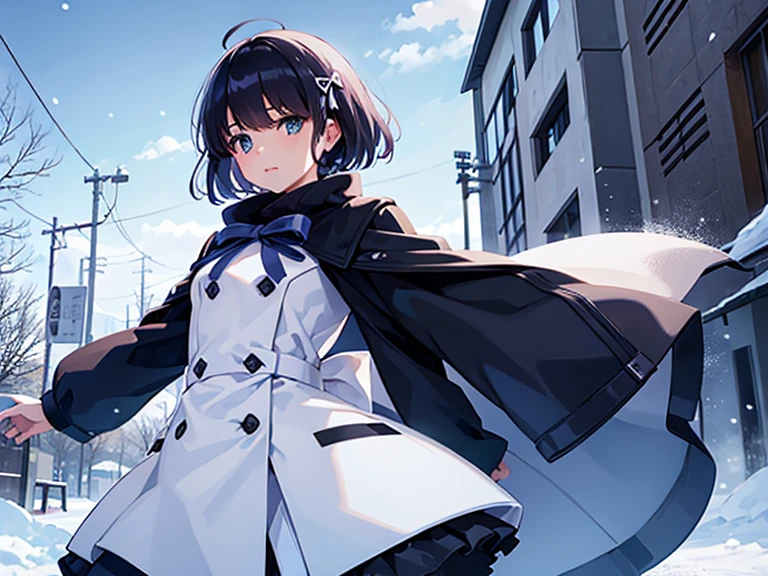 girl，short hair，Second dimension beautiful girl，Using a bow，Fluffy coat，Snow Scene