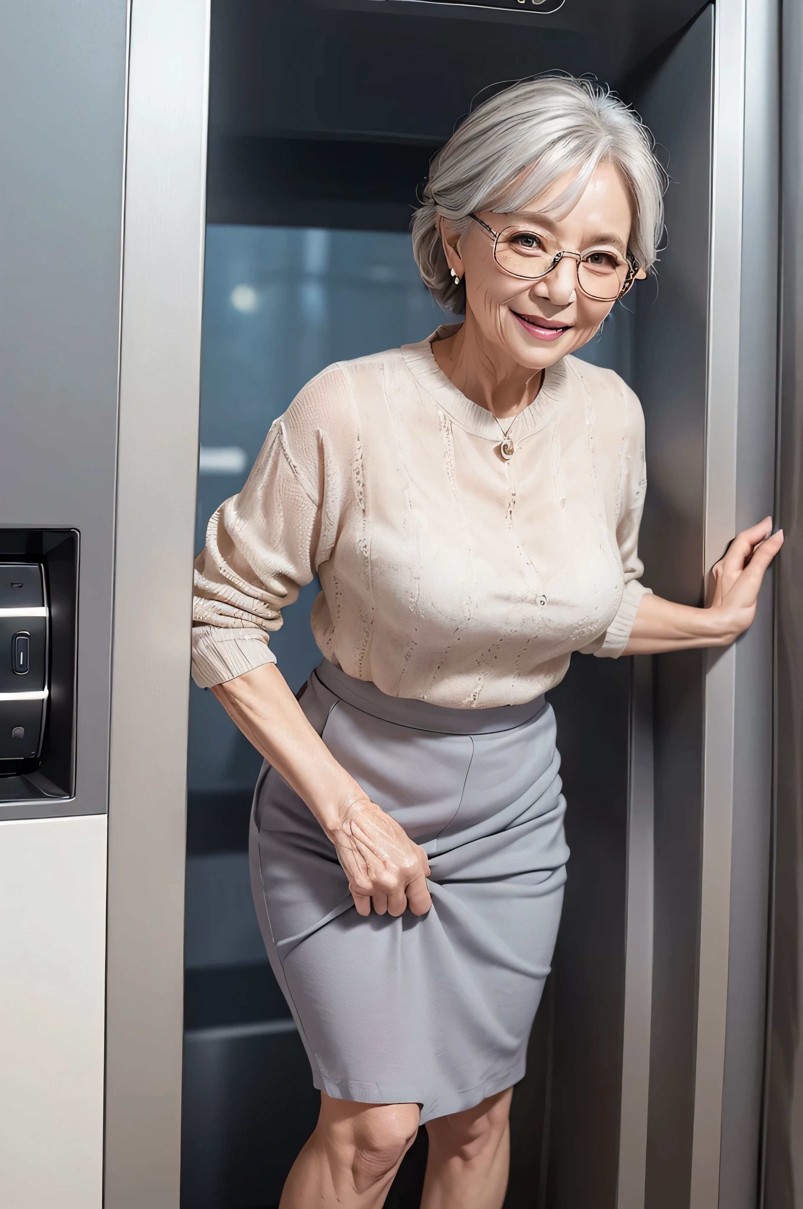 Arafed woman in a skirt and sweater standing in an elevator - SeaArt AI