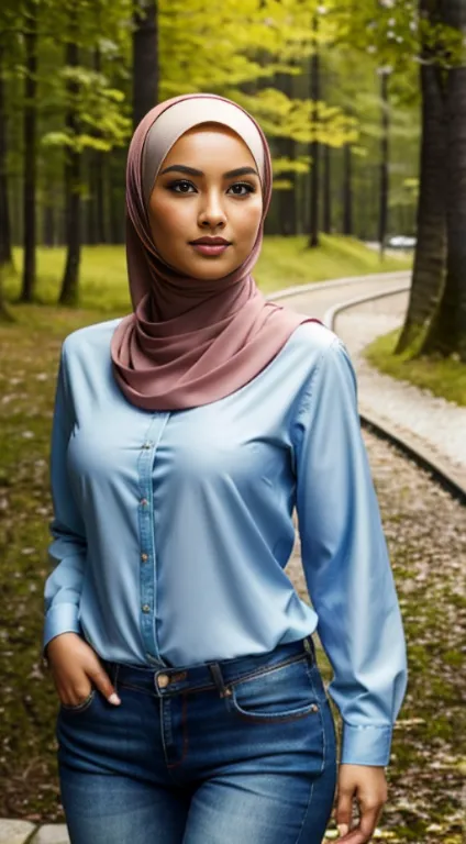 "A malay hijab girl, I'm wearing jeans and shirt." outdoors in sweden, It emphasizes realism in every detail of the image, espec...