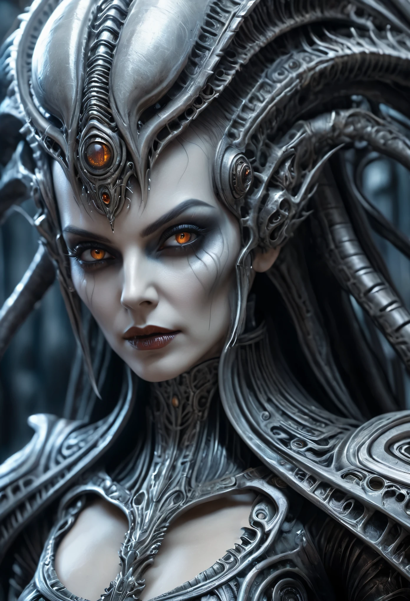 Female superior ancient Strigoi vampire, horror, dreamlike, (Artstation:1.1), (intricate:1.1), (great eye detail:0.7), solo, female, looking at viewer, photorealistic, 8k, unreal engine, inspired by HR Giger, half body portrait, highly detailed,