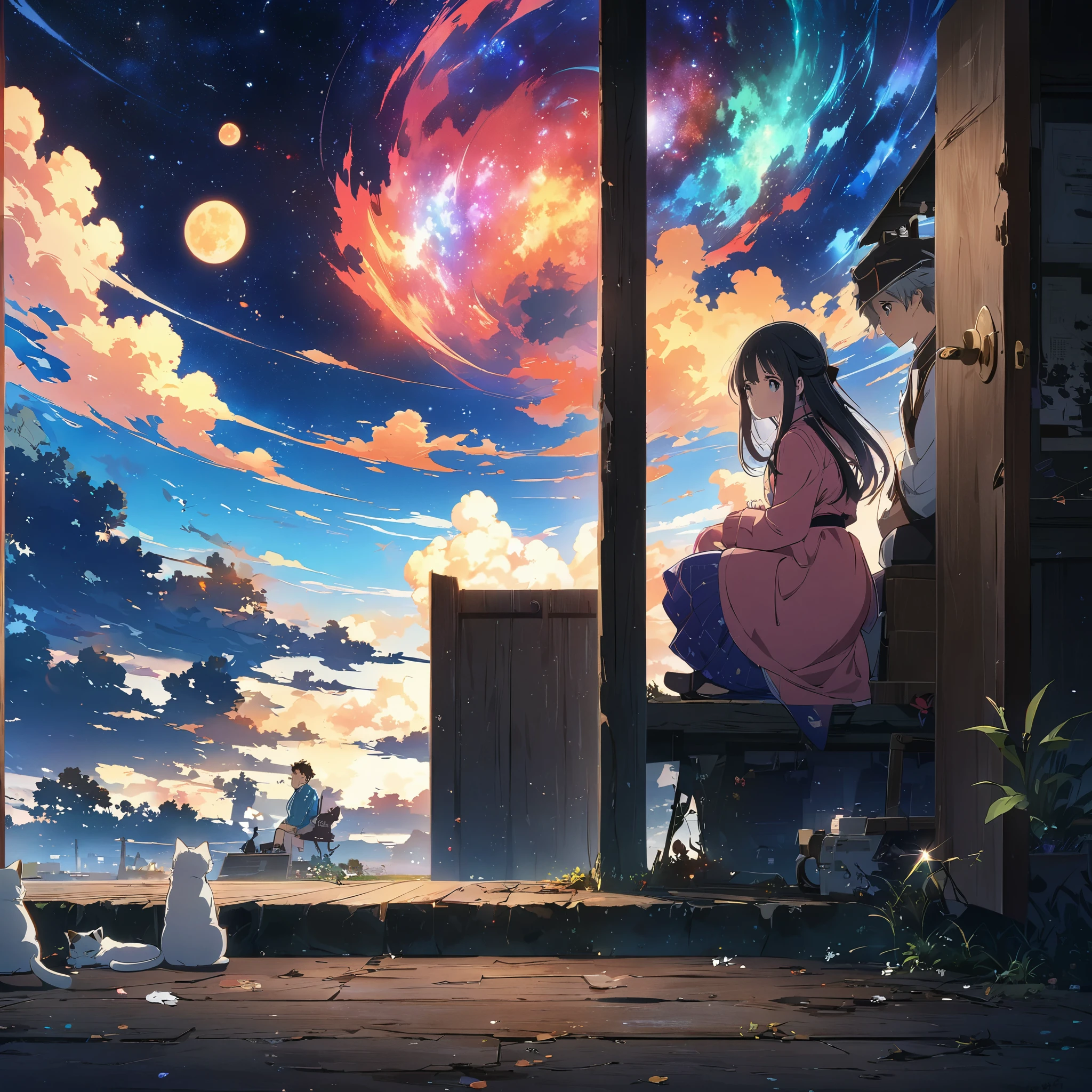 Anime drawings inspired by Makoto Shinkai, Sparrow&#39;s Door Lock, rotting wooden door, Topics on pixiv, Space Art, Makoto Shinkai Cyril Roland, Anime Japanese man and woman sitting and looking at the sky, Around the two of them, a white cat girl, a black cat girl, and a three-haired cat girl are running around in the sky., 4k anime wallpaper,anime art wallpaper 8k, Anime Art Wallpaper 16k, anime art wallpaper 32k, Daijin, Daijin, White cat, Black cat, Three-haired cat