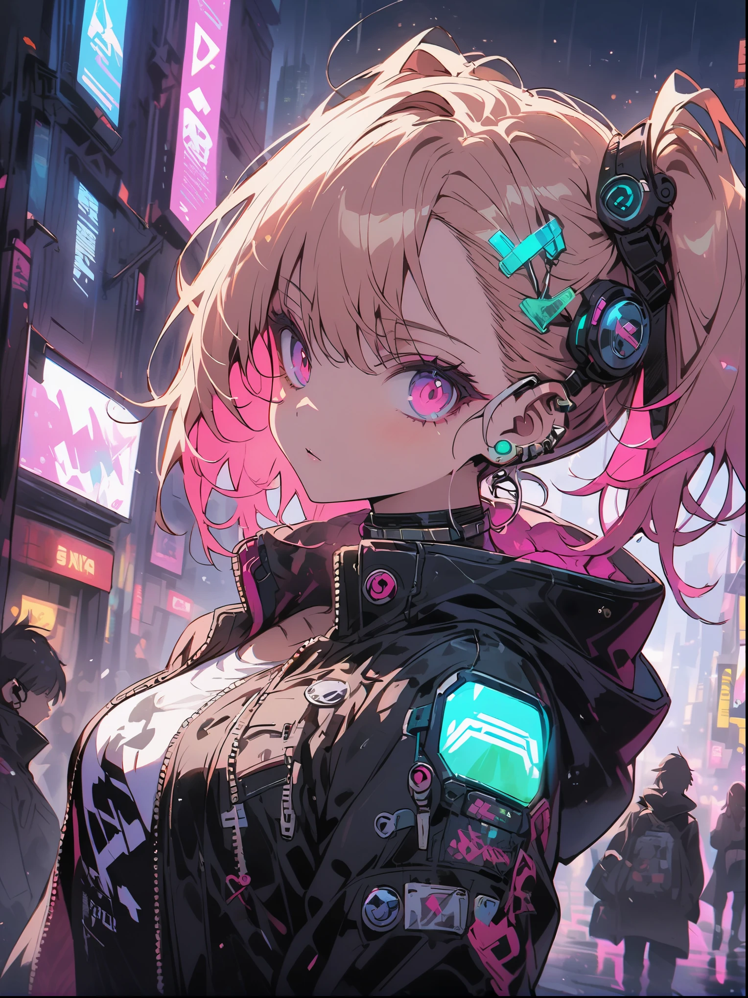 Cyberpunk style, character, mechanical girl, neon lighting, futuristic cityscape, urban environment, robotic limbs, cybernetic enhancements, punk fashion, high-tech gadgets, holographic displays, dark alleyways, rain-soaked streets, glowing implants