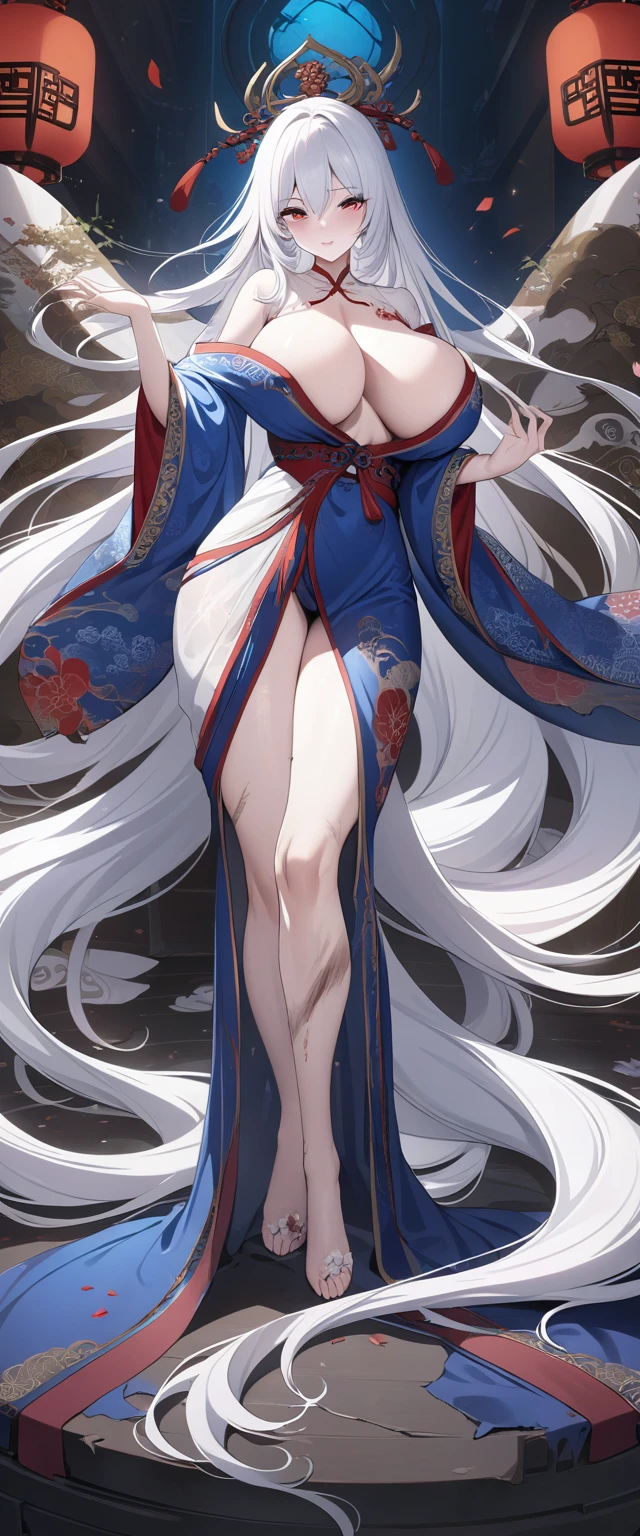 An unrivalled masterpiece, Hyper-realistic 8K CG, Perfect work of art, ((Perfect female body)), white hair, Red Eyes, Mature female, milf, Huge breasts，Willow Waist, chinese deity, Looking at the audience, Seductive pose, Sexy pose, Tempting, Clean, Pretty Face, Pure face, Pale skin, Absurdly long hair, Glowing skin, Dentate skin,Delicate pattern, Intricate details, (rich:1.4), (Extremely detailed 8K Chinese long embroidered silk robes and silk long gowns and dresses:1.2),Slim clothes holes，Damaged clothes，Battle damage，Seriously injured