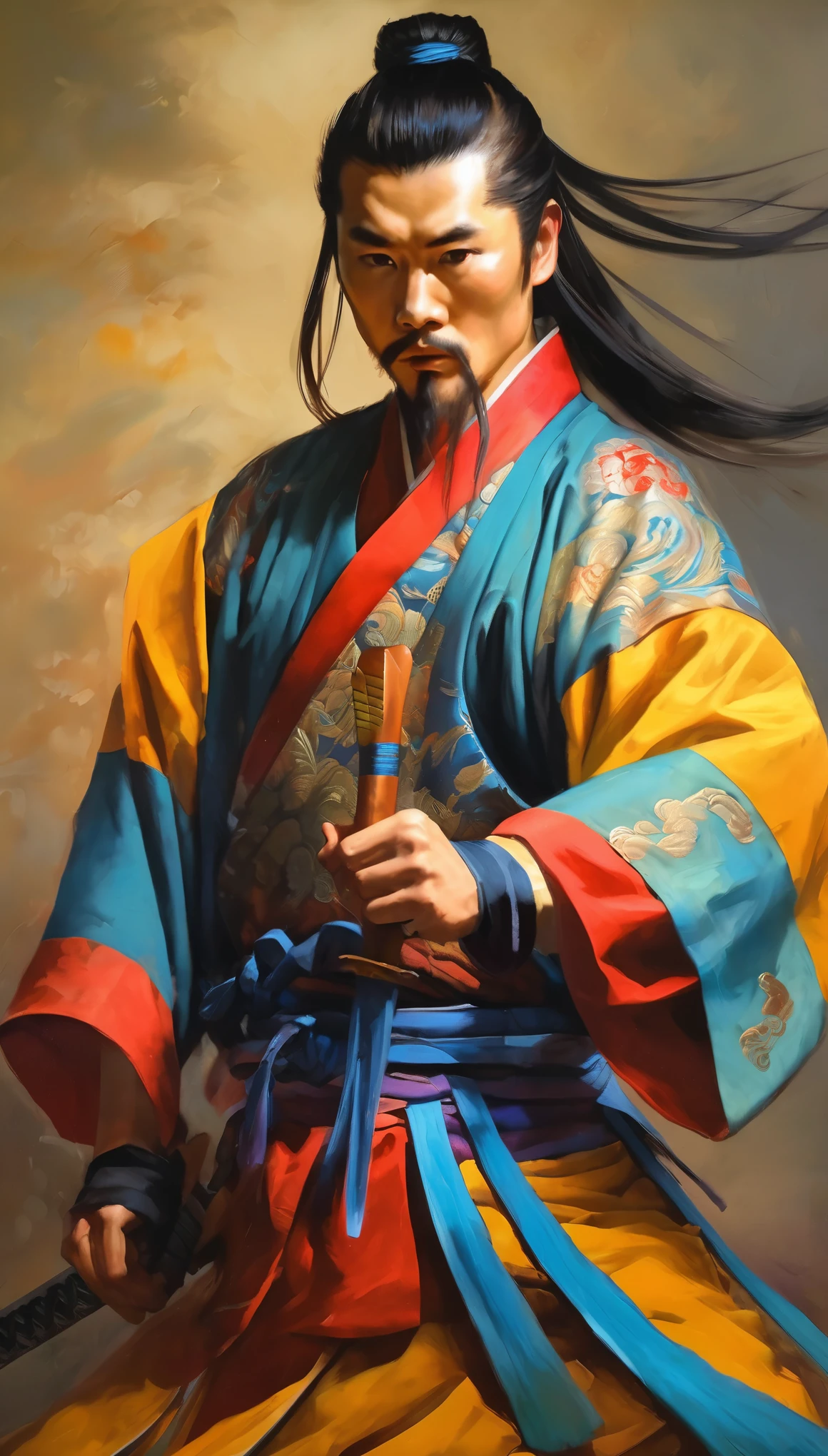 (chinese ancient swordsman:1.1),oil painting,ancient warrior,skilled swordsman,(dynamic pose with sword in hand), wise and noble appearance,flowing robes,serene expression,detailed facial features,classic backdrop,subtle lighting,colorful details,authentic costume,traditional weapon,masterpiece:1.2,portraits,vivid colors,sharp focus