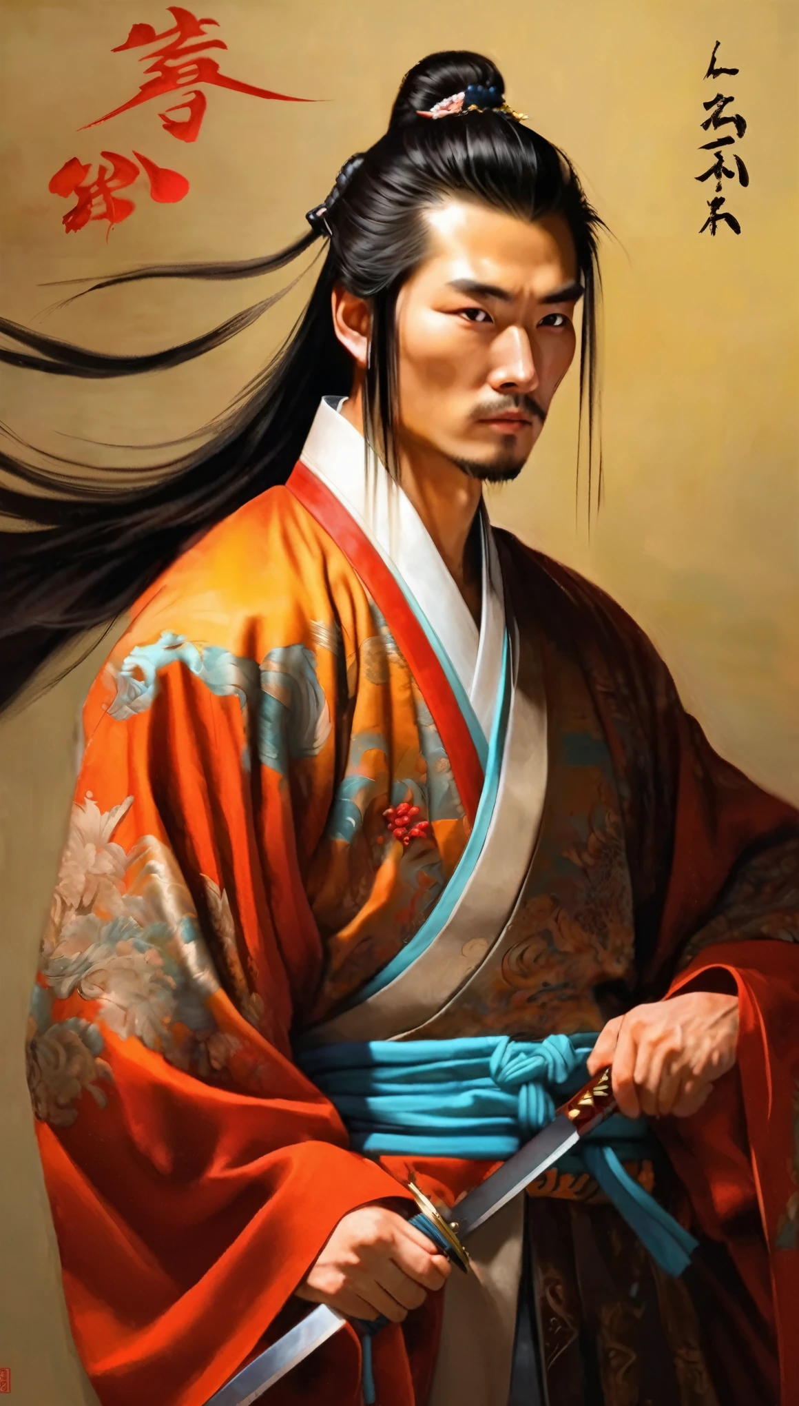 (chinese ancient swordsman:1.1),oil painting,ancient warrior,skilled swordsman,(dynamic pose with sword in hand), wise and noble appearance,flowing robes,serene expression,detailed facial features,classic backdrop,subtle lighting,colorful details,authentic costume,traditional weapon,masterpiece:1.2,portraits,vivid colors,sharp focus