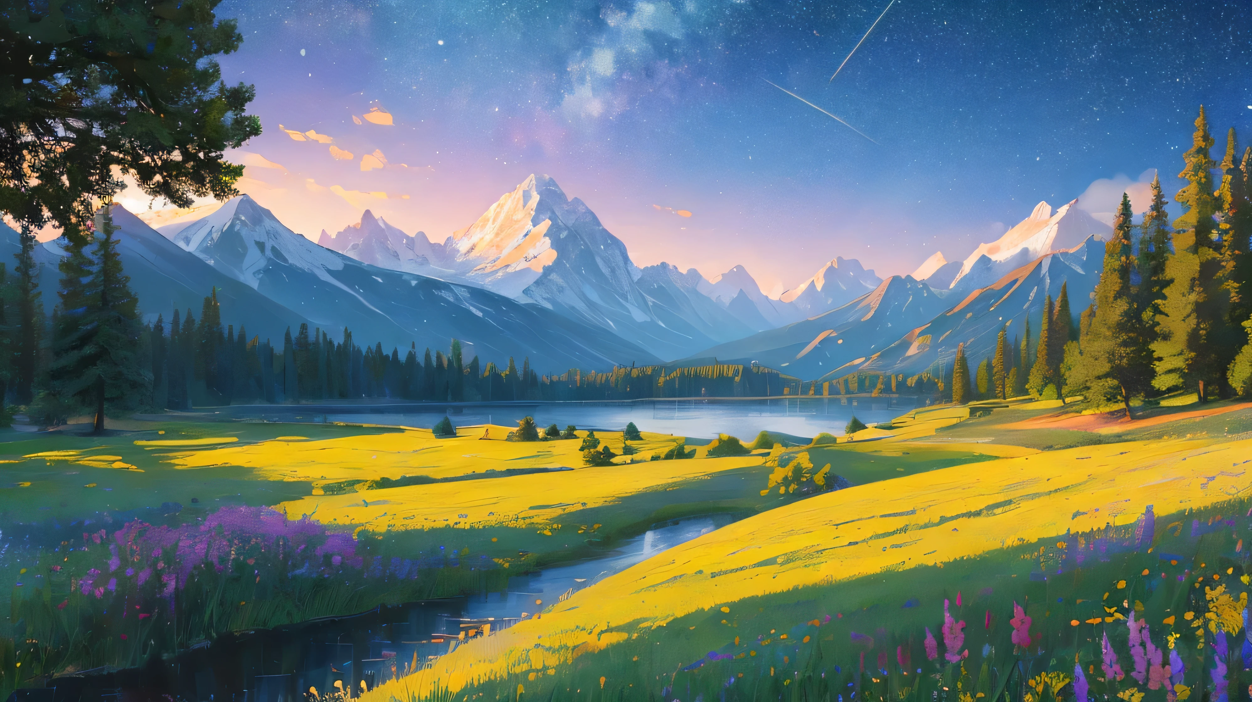 ((highest quality)), ((masterpiece)), (be familiar with), Mountainous Regions, night, Meteors, Continuous mountain ranges, Meadow in the foreground, Large Lake