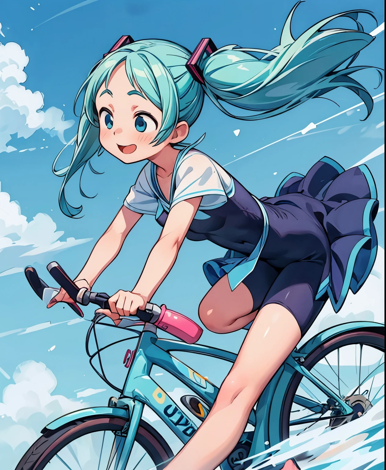 Anime girl riding a bike in the sky with a blue hair - SeaArt AI