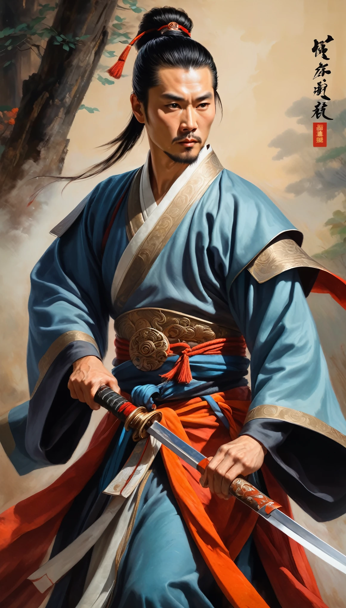 (chinese ancient swordsman:1.1),oil painting,ancient warrior,skilled swordsman,(dynamic pose with sword in hand), wise and noble appearance,flowing robes,serene expression,detailed facial features,classic backdrop,subtle lighting,colorful details,authentic costume,traditional weapon,masterpiece:1.2,portraits,vivid colors,sharp focus