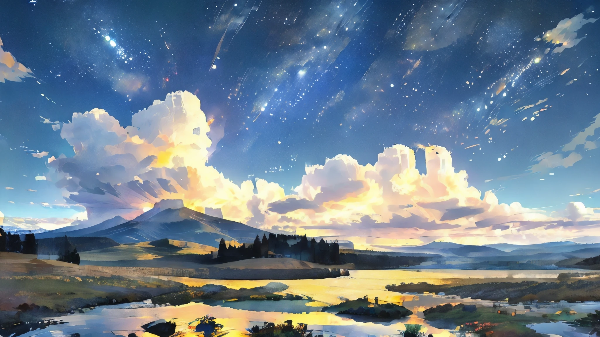 ((highest quality)), ((masterpiece)), (be familiar with), Wallpaper Images,Mountainous Regions, night, Meteors, Continuous mountain ranges, Meadow in the foreground, Large Lake