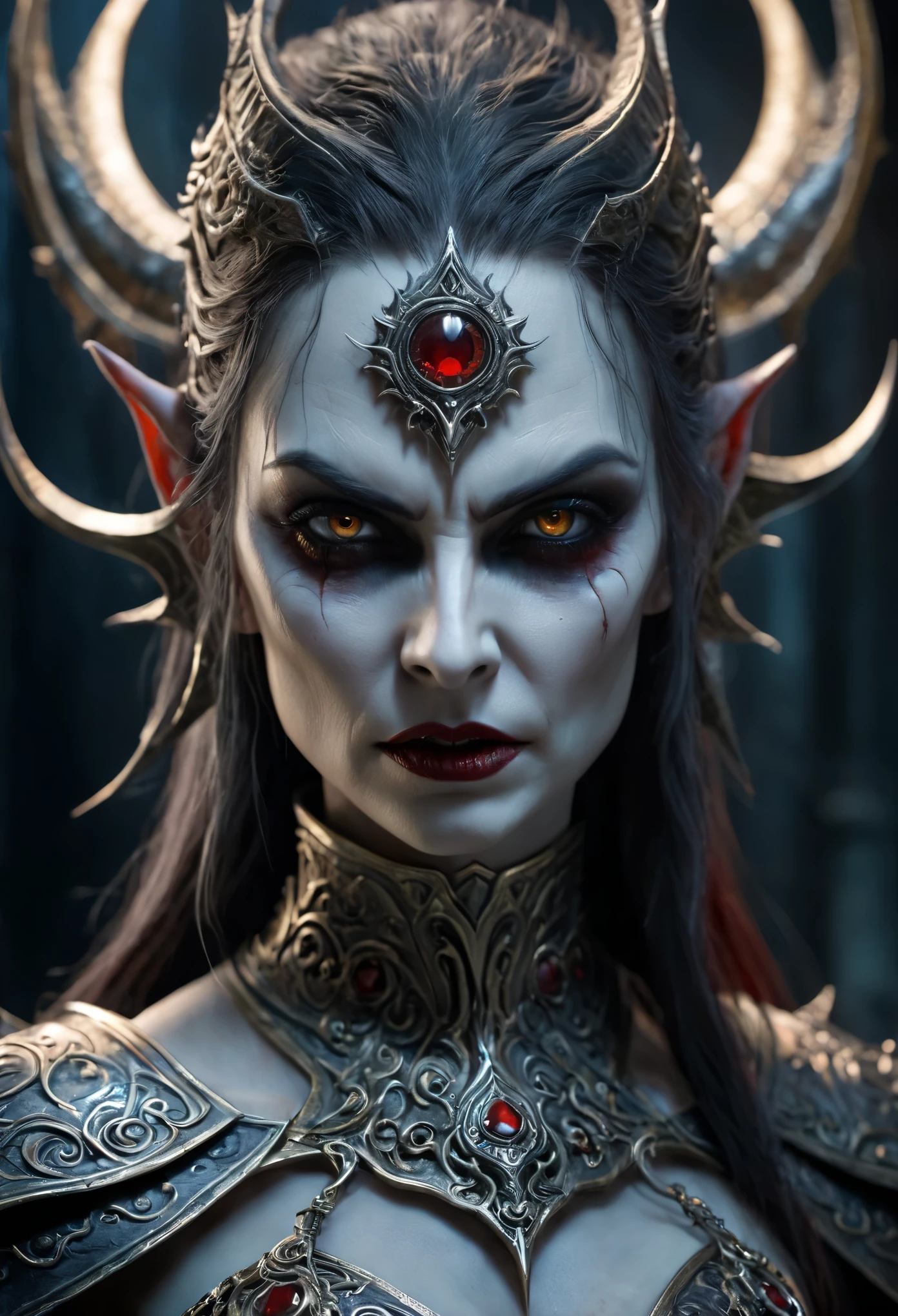 Female superior ancient Strigoi vampire, horror, (Artstation:1.1), (intricate:1.1), (great eye detail:0.7), solo, female, looking at viewer, photorealistic, 8k, unreal engine, inspired by Bram Stoker, half body portrait, highly detailed,