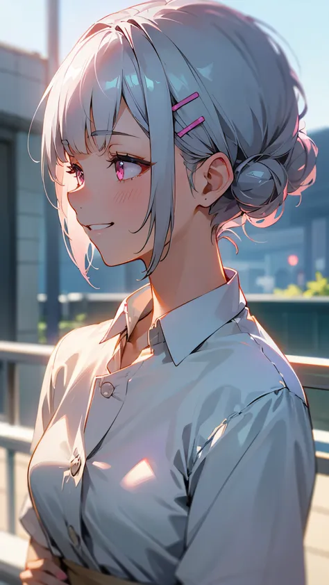 １girl、Short silver bob hair tied in a bun with a hair clip, Pink Eyes、Grin、profile、Upper body close-up、Morning Cafe Terrace、Back...