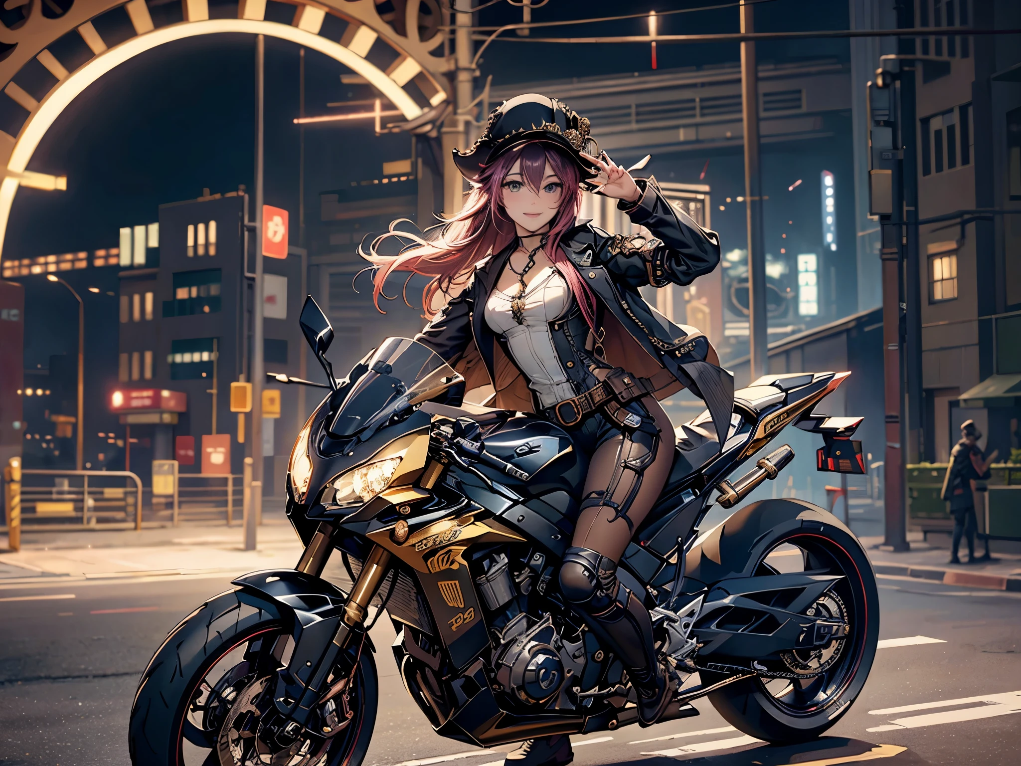 (Line art_anime),(Cowboy Shot, highest quality, ),(Photo by Laura Budd:1.2),(Laura Add details:1.0),8K, Flat Color:0.8,Dynamic Angle,1 girl,smile、(On a steampunk motorcycle:1.5)、An elaborately decorated motorcycle、(Highly decorative and complex mechanical steampunk fashion, lace flare dolphin hat、goggles 1.5、machinery background、Gear background、Intricately mechanized steampunk cityscape 1.5),