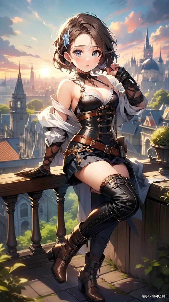 A woman in a corset is sitting on a ledge holding a sword, extremely detailed ArtJam, Kschaert Krentz Key Art Feminine, style ArtJam, Up to the model | ArtJam, style ivan talavera and ArtJam, style of ArtJam, ! dream ArtJam, ArtJam. Attention to detail