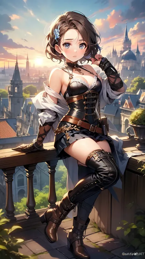 A woman in a corset is sitting on a ledge holding a sword, extremely detailed ArtJam, Kschaert Krentz Key Art Feminine, style Ar...