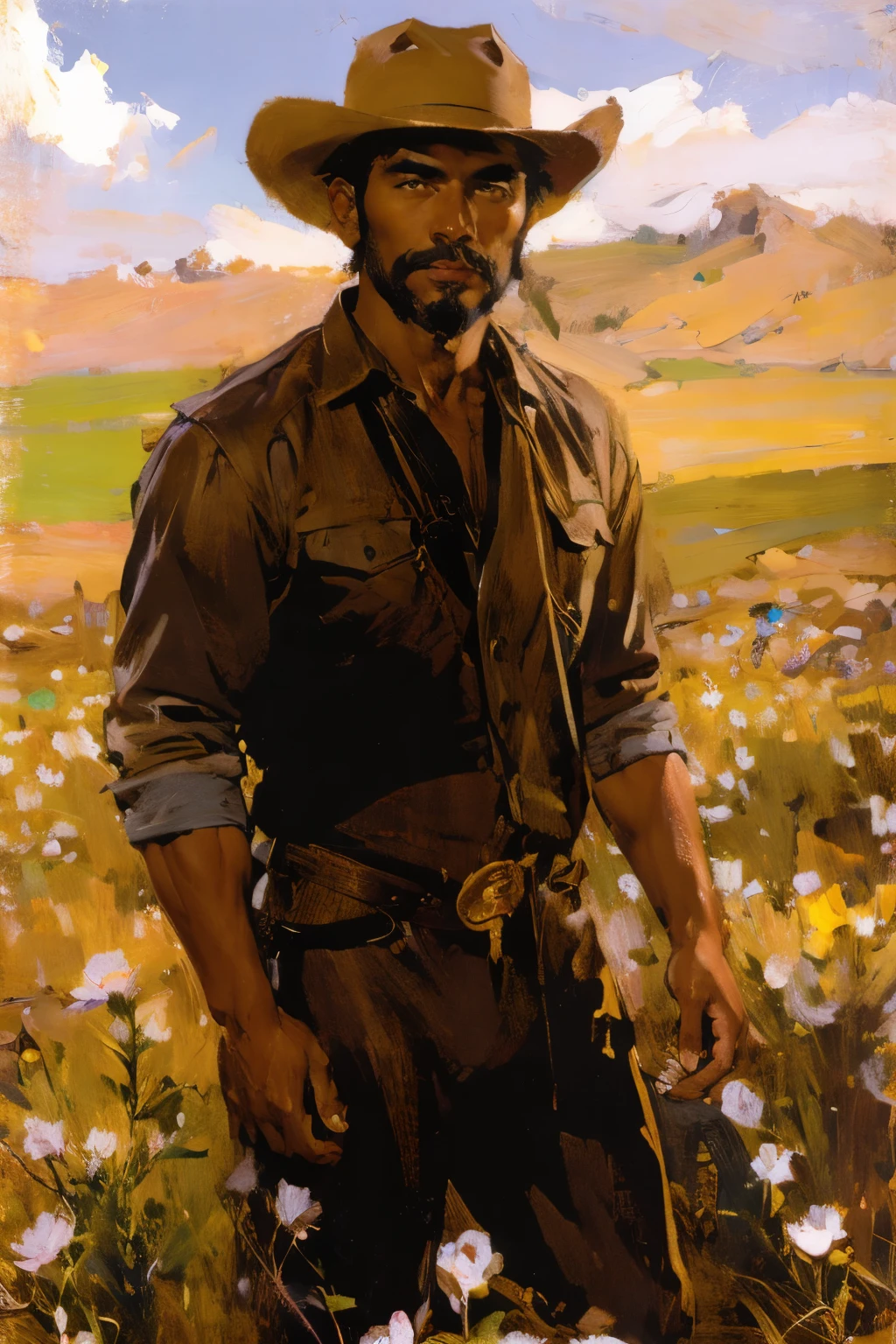 孤獨的男性牛仔在田野上拿著野玫瑰, 棕色服装, 菲律賓裔美國人, 英俊的脸, 淺色臉部毛髮, 中長度的頭髮, 淺棕色牛仔帽,