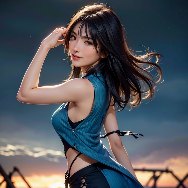 1girl、cinematic lighting, (RAW photo, best quality), (realistic, photo-realistic:1.4), masterpiece, an extremely delicate and beautiful, extremely detailed, 4k wallpaper, Amazing, finely detail, extremely detailed CG unity 8k wallpaper, ultra-detailed, highres, soft light, beautiful detailed girl, (detailed face), extremely detailed face, extremely detailed eyes and face, beautiful detailed nose, beautiful detailed eyes, perfect anatomy, slender body, look at viewer, dynamic,rinoa, arm warmers, sleeveless coat, black shirt, blue skirt, arm ribbon, upper body, from side, looking at viewer, smile, clouds, in midair,cowboy shot