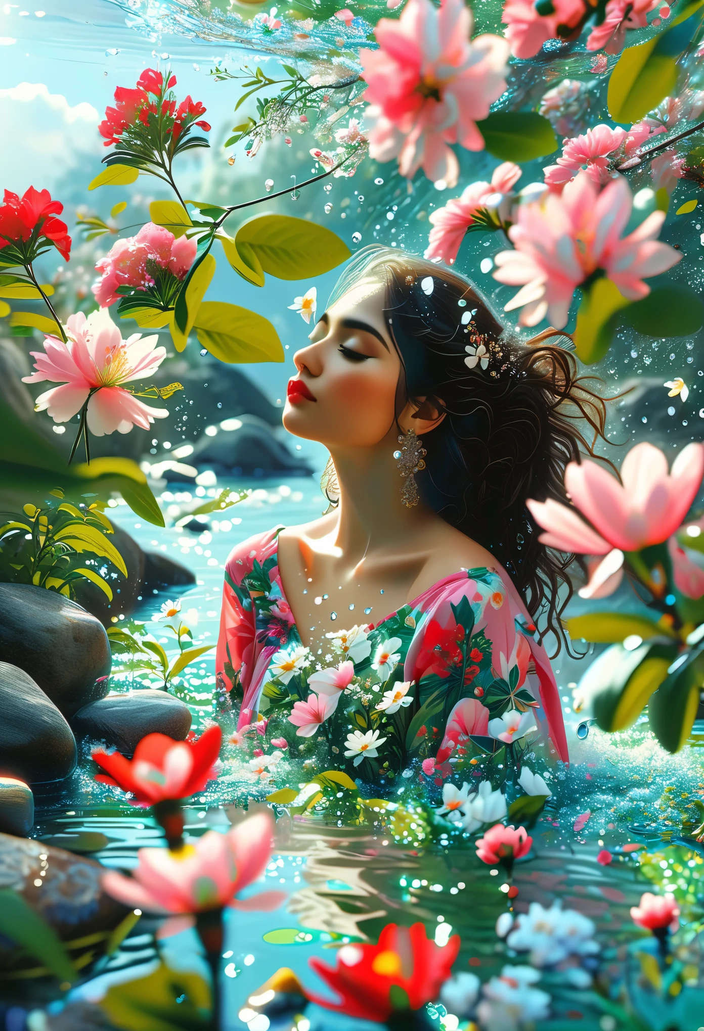 Detailed description of the visual element，The color palette is a mix of soft pastels and vibrant spring colors like green.，pink color，This combination evokes blooming flowers and fresh foliage.，Spring Theme，High-quality images integrated into salon interiors，Peaceful environment，Girl standing on the water，Water splashing on girl&#39;s body，(whole body:1.5)，Some stones have flowers on them，exudes fragrance，Includes before and after photos of customers who received spring makeovers，To highlight the salon&#39;s services，Use elegant script fonts for titles to convey elegance，And use a modern sans serif font for body text，To ensure readability and modernity， Dark Brown Curly Hair，Wearing a bright red salwar suit，focus，Close Range，Watch，Close your eyes，Surround her with spring graphics，For example, flowers and butterflies，Symbolizes the changing seasons and the essence