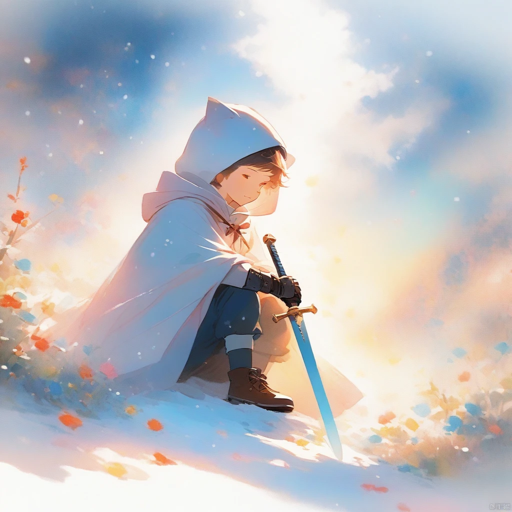 solo, 1boy, holding, sitting, weapon, male focus, sword, hood, cape, holding weapon, armor, glowing, holding sword, gauntlets, cloak, snow, 1other, hood up, snowing, one knee, planted, full armor, planted sword, ambiguous gender