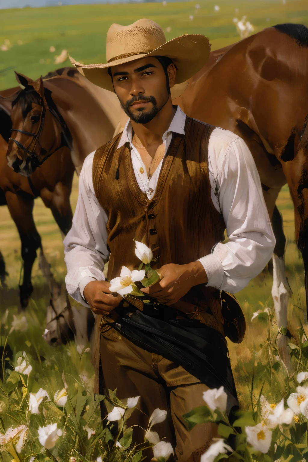 lone male cowboy holding wild roses on a field, brown attire, filipino american, handsome face, light facial hair, medium length hair, light brown cowboy hat,