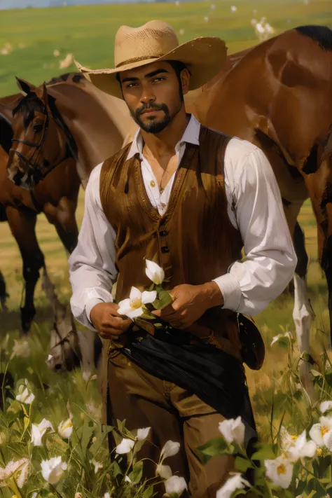 lone male cowboy holding wild roses on a field, brown attire, filipino american, handsome face, light facial hair, medium length...