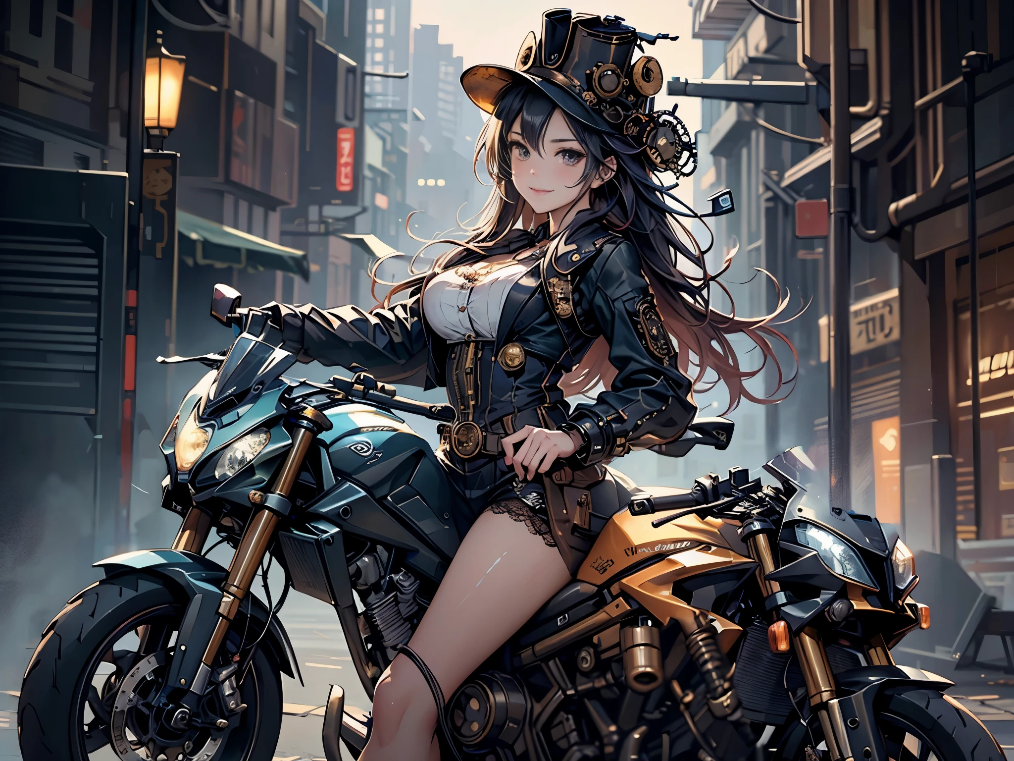 (Line art_anime),(Cowboy Shot, highest quality, ),(Photo by Laura Budd:1.2),(Laura Add details:1.0),8K, Flat Color:0.8,Dynamic Angle,1 girl,smile、(On a steampunk motorcycle:1.5)、An elaborately decorated motorcycle、(Highly decorative and complex mechanical steampunk fashion, lace flare dolphin hat、goggles 1.5、machinery background、Gear background、Intricately mechanized steampunk cityscape 1.5),