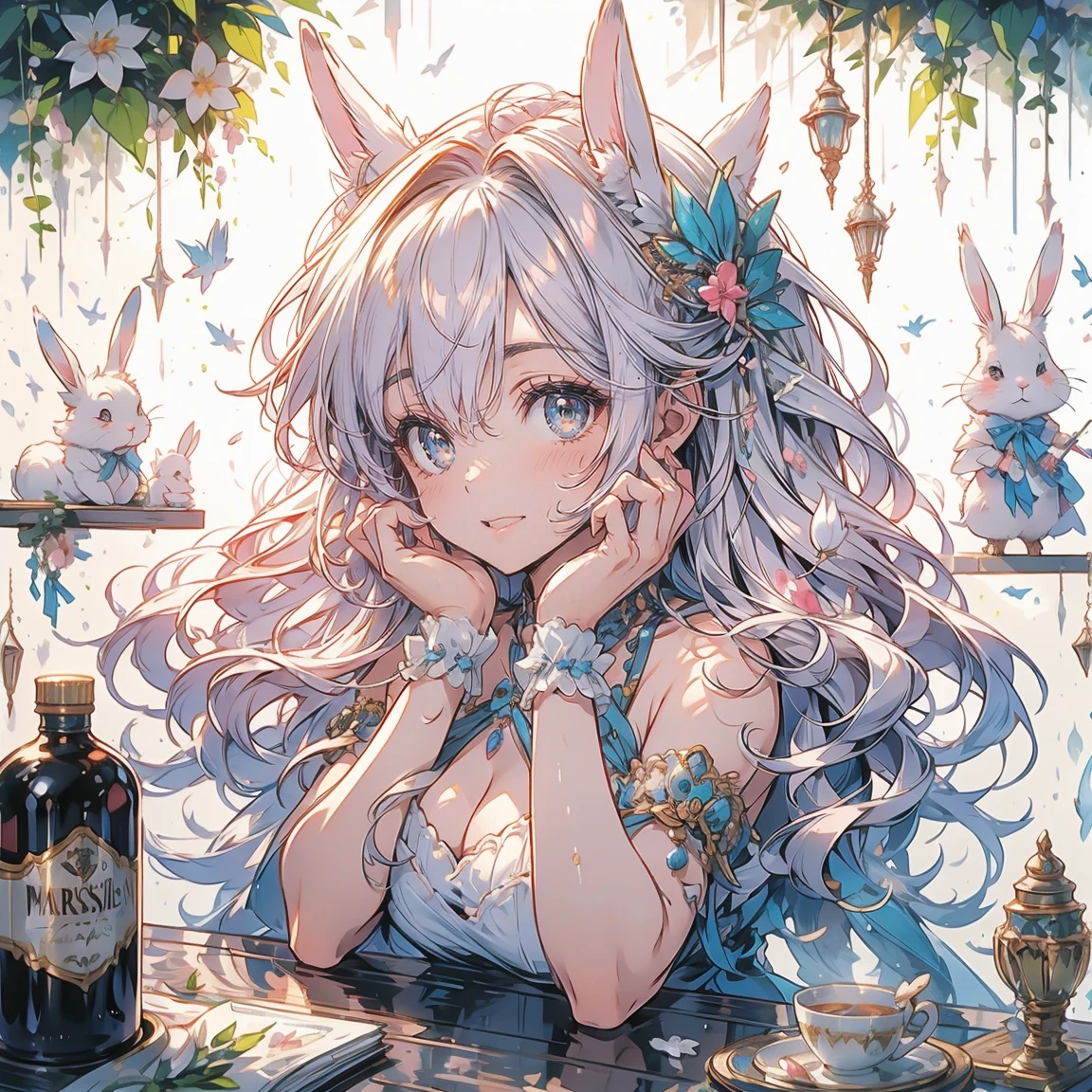 (Exquisite, beautiful, Very detailed, masterpiece, high quality,High resolution),(Well-formed face,Soft thin lines: 1.2,),(A girl with a rabbit motif,Fluffy floppy ears and a big bunny tail,Wear fluffy gloves and socks,very little girl),Happy and relaxed on a fluffy cloud,Fluffy and soft lace clothing, frills and ribbons,Beautiful fur,barefoot,(Short eyebrows,Pale pink blush, Plump pink lips,Small Nose,Double teeth,When I laugh, Canine teeth visible,Eye of the Beast,Quite large and fluffy bust,Open chest,Fair skin, Good style),Bright colors,Eye-catching colors,Dynamic Angle,defenseless,The hair is fluffy and soft