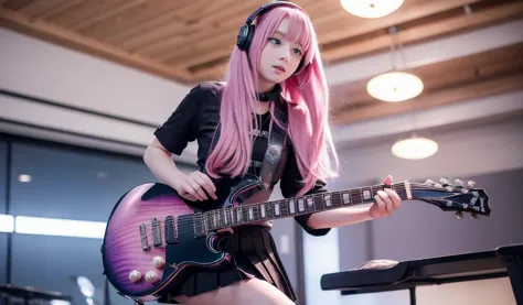 ((masterpiece,highest quality))one girl, one person, black skirt, blue eyes, electric guitar, guitar, headphones, musical instru...