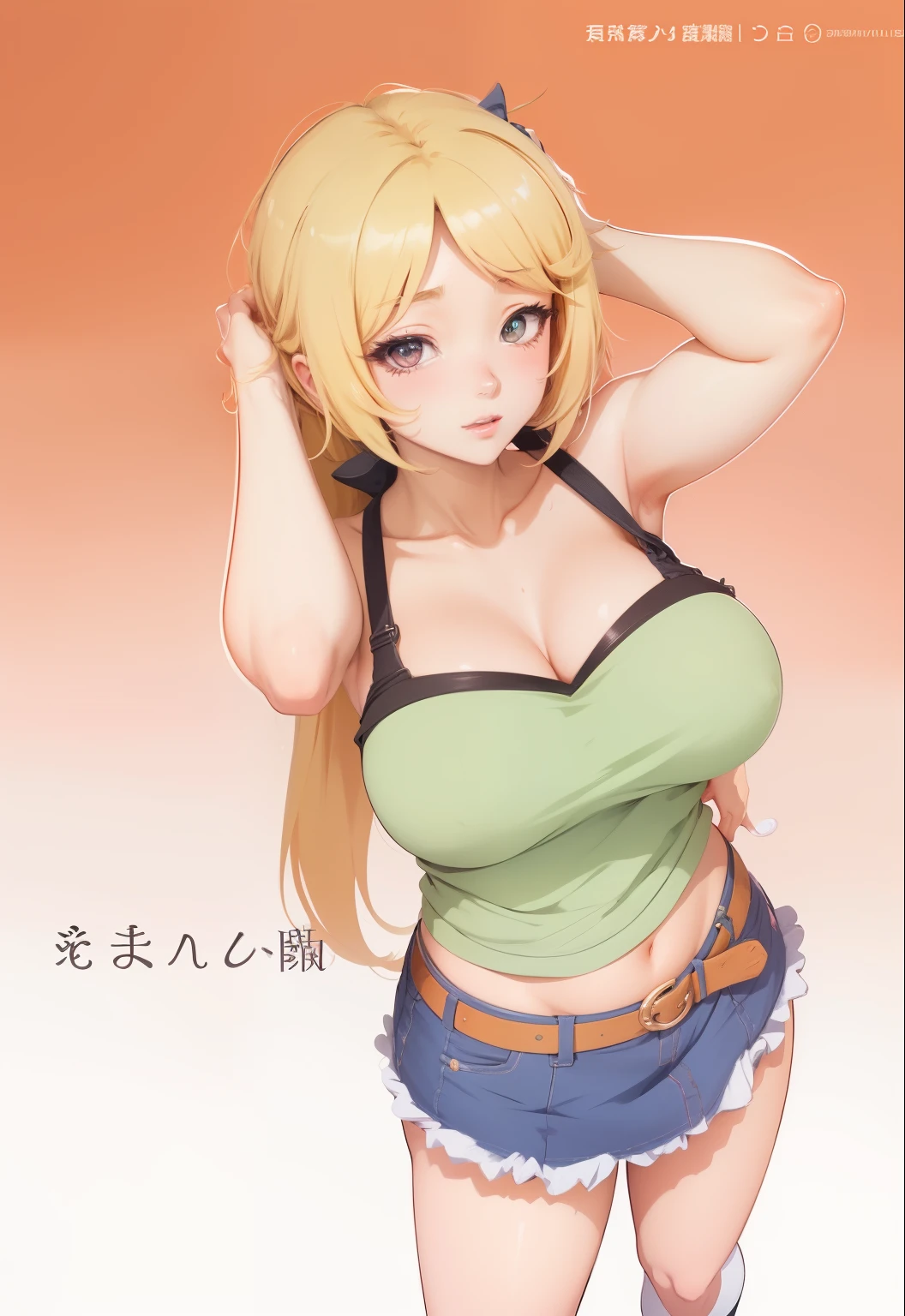 Anime girl with a green top and blue shorts posing for a picture - SeaArt AI